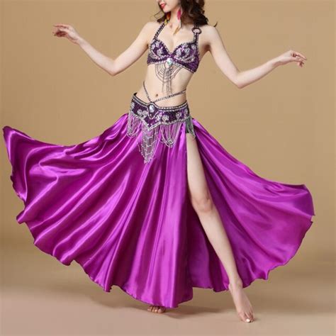 Arabic Belly Dance Costumes Beaded Bra Top Hip Belt 2 Sides Slit Skirt