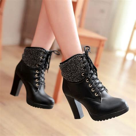 chunky high heel lace  ankle black winter boots  luulla