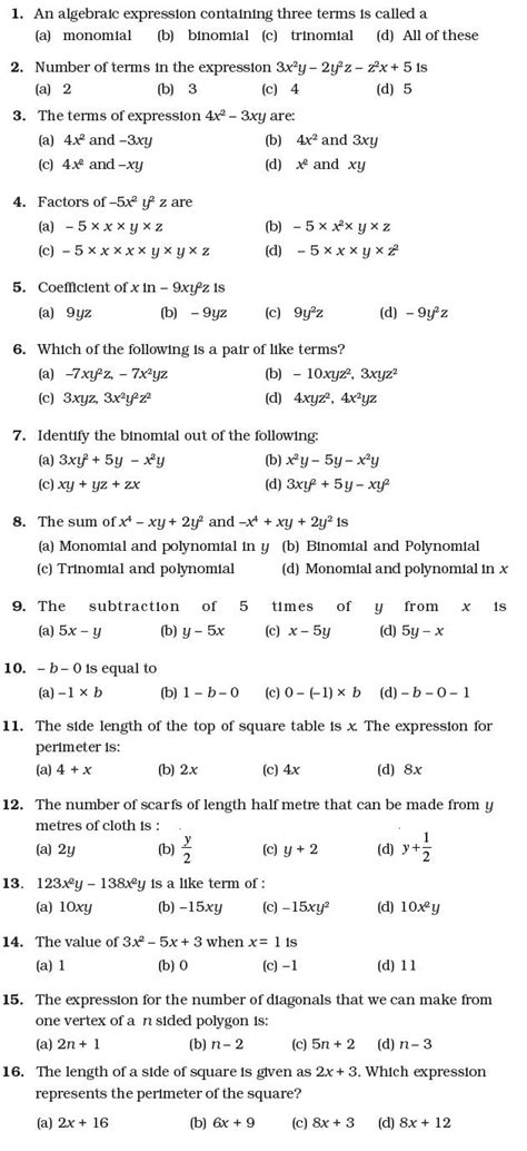 class  important questions  maths algebraic expressions