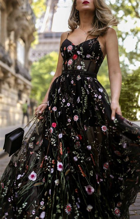 wear   black tie wedding long black floral embellished spaghetti strap dress wi