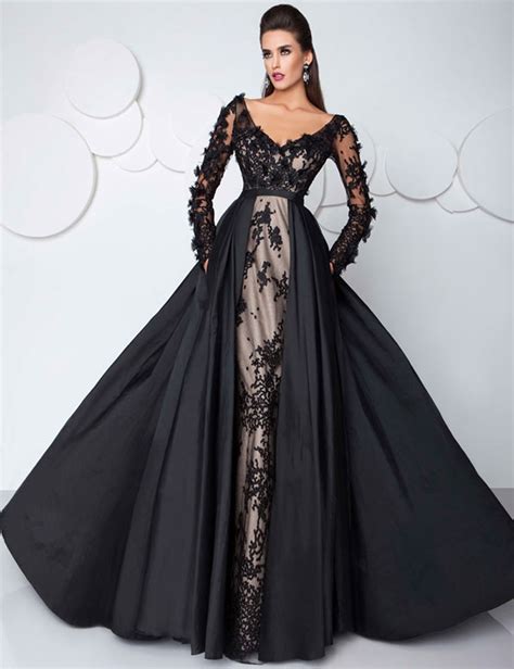 arabic sexy black evening dresses with pocket illusion lace long