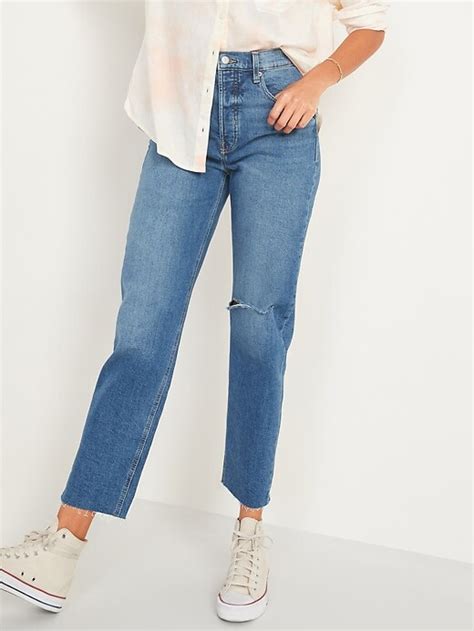 extra high waisted sky hi straight button fly ripped jeans for women