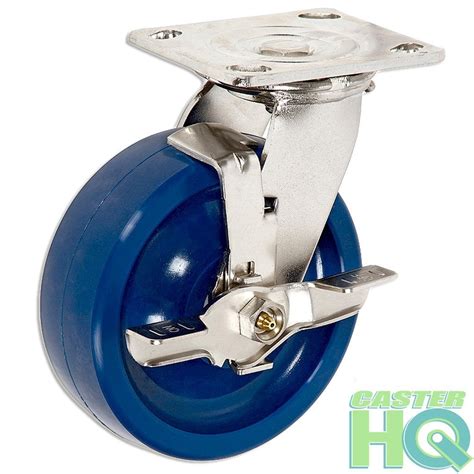 casterhq  stainless steel swivel caster  brake blue solid poly wheel  lbs cap