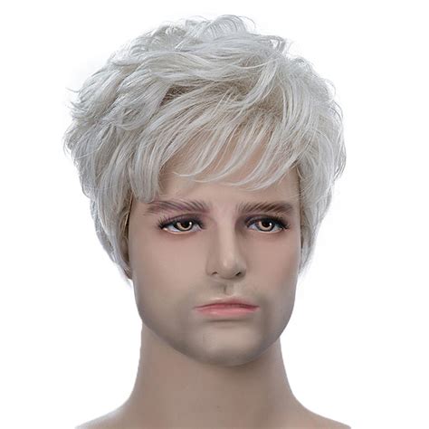 Natural Pixie Cut Male Wigs Short Straight Human Hair Full Wigs Silver