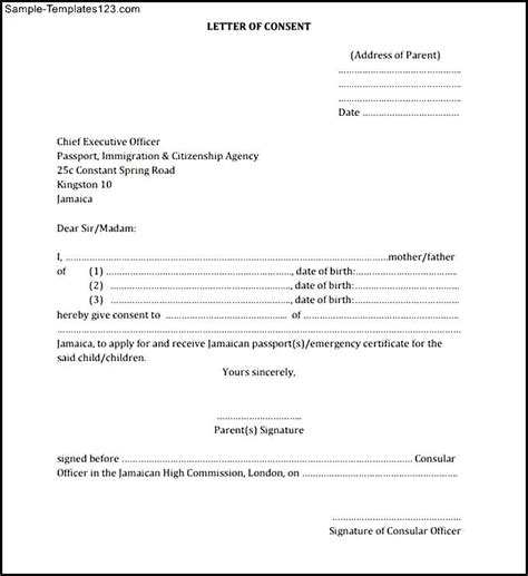 sample parents consent letter template  travel  format sample