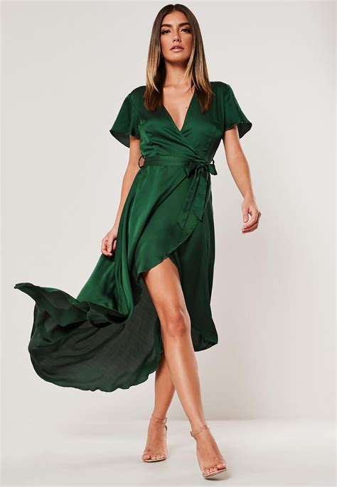 Green Satin High Low Wrap Midi Dress Green Midi Dress Women Dress