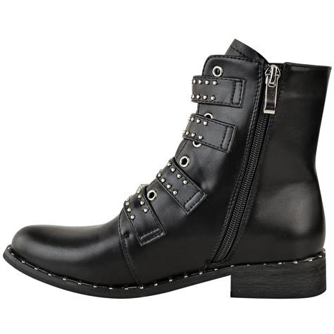 womens ladies studded flat ankle boots spikes biker punk chunky winter size uk ebay