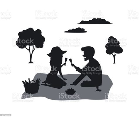 silhouette of a couple on a picnic in the park stock illustration