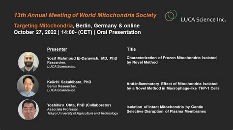 luca science announces oral presentations at the world mitochondria