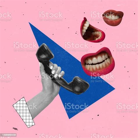 contemporary art collage female mouths talking around phone isolated
