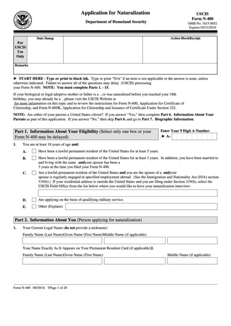 Fillable Uscis Form N 400 Application For Naturalisation Printable