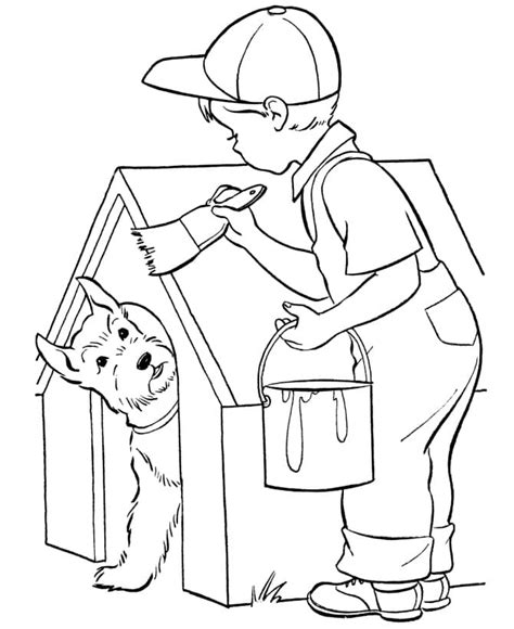 boy  painting dog house coloring page  printable coloring pages