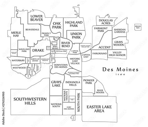 modern city map des moines iowa city   usa  neighborhoods