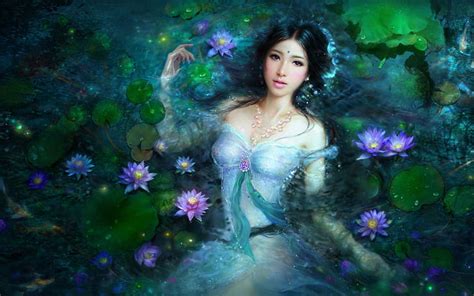 Beautiful Asian Girl In Lotus Pool Woman In River With Lilypads Cgi