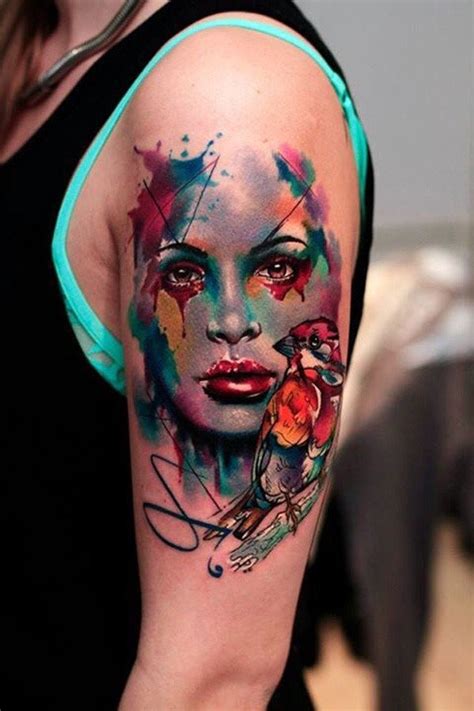 Wonderful Colored Watercolor Style Abstract Woman Portrait Tattoo On