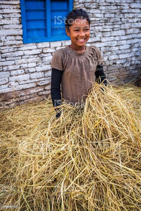 Happy Nepali Girl Playing In A Straw In Village Near Annapurna Range