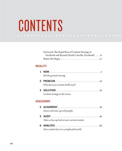 clean modern table  contents  book content strategy   web  images table