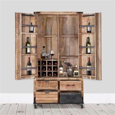 savannah rustic solid wood tall industrial rolling wine bar cabinet
