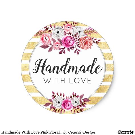 handmade  love pink floral gold glam stripe classic  sticker