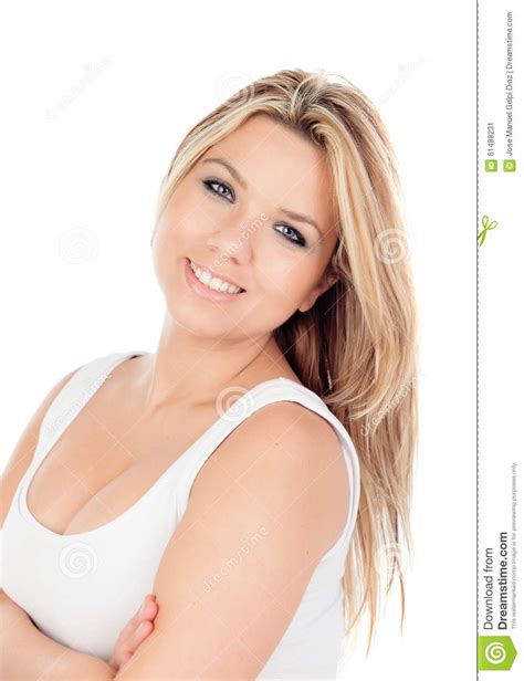 cute blonde girl with blue eyes looking at camera stock