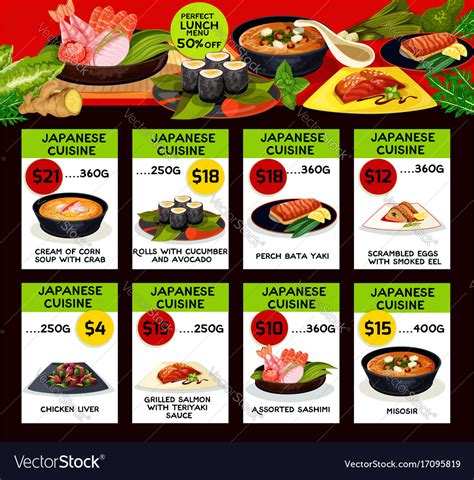 price menu  japanese cuisine restaurant vector image