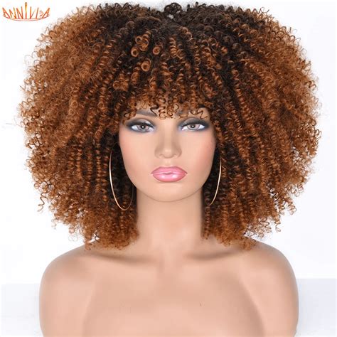 short afro kinky curly wigs  bangs  black women blonde mixed brown synthetic cosplay