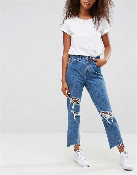 asos original mom jeans  olivia mottled wash  rips  busts  latest fashion clothes