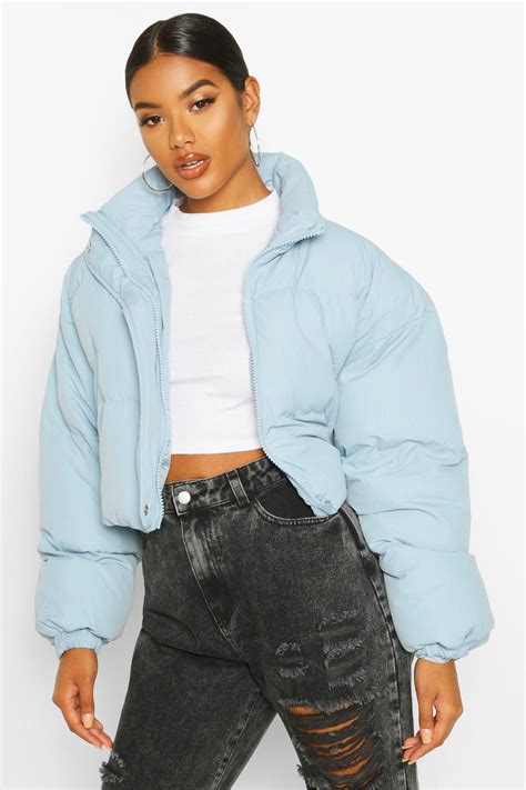funnel neck cropped puffer jacket puffer jacket outfit jacket outfits blue puffer jacket