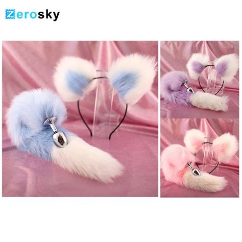 Zerosky Butt Anal Plug Cute Soft Cat Ears Headbands With Fox Tail Bow