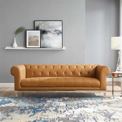 idyll tufted button upholstered leather chesterfield sofa  tan hyme furniture