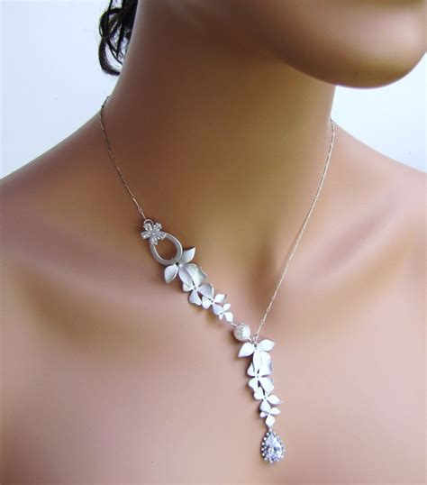 simple asymmetric lariat necklace  pearls silver orchids bridal necklace necklace