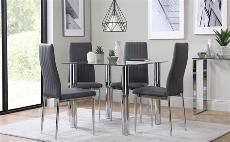 Nova Square Glass And Chrome Dining Table With 4 Leon Grey Leather