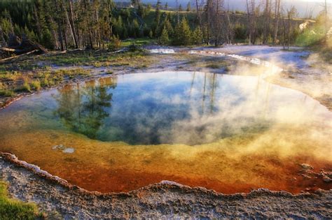 Premium Photo Morning Glory Pool At Sunset Yellowstone