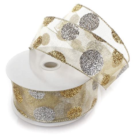 ribbon traditions large glitter dots gold silver wired ribbon