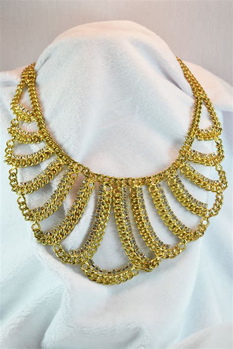 Vintage Statement Necklace Gold Tone Chain And Rhinestone Bib Necklace