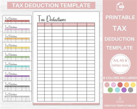 tax deduction tracker printable tax deduction log business etsy