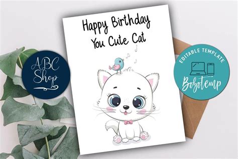 printable cute cat birthday card instant instant  bobotemp