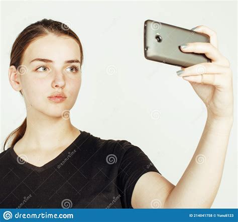 Joven Adolescente Bonita Haciendo Selfie Aislado Sobre Fondo Blanco