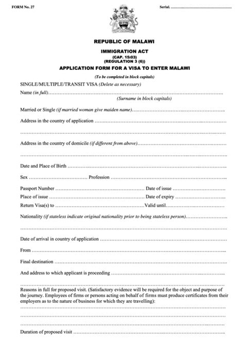 fillable form 27 application form for a visa to enter malawi