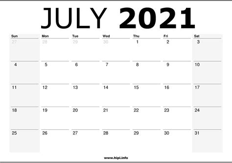 july  calendar printable monthly calendar   hipiinfo