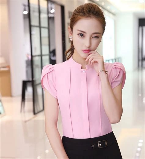 formal women pink blouses shirts short sleeve summer ladies work blouses  tops office