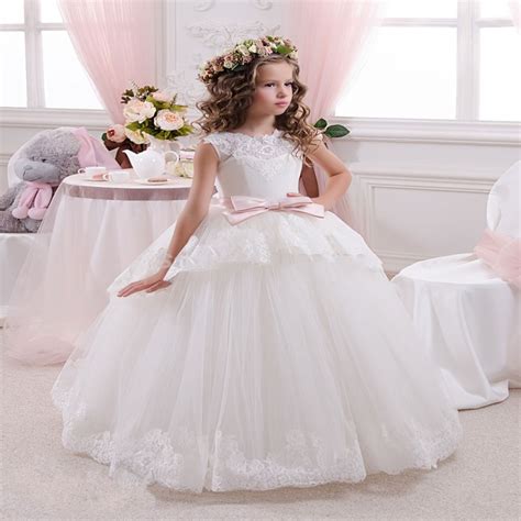 princess white tulle lace tutu ball gown long flower girl dresses 2017