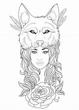 Wolf Tattoo Girl Outline Tattoos Woman Drawing Clipart Designs Fox Drawings Beautiful Coloring Pages Headdress Sketches Head Hat Young Transparent sketch template