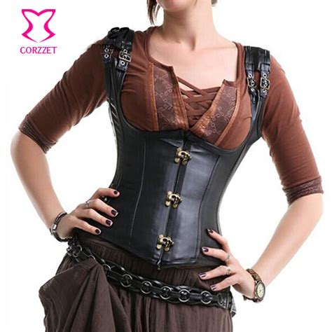 gothic clothing black steampunk underbust leather corset top waist