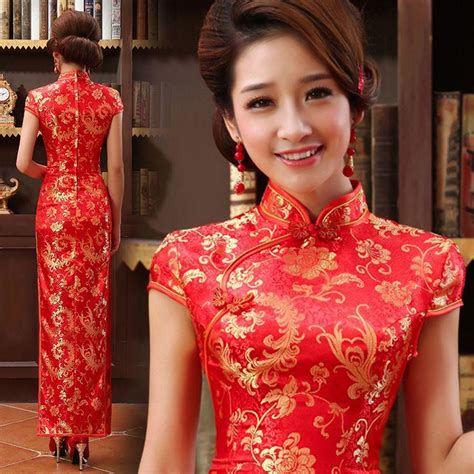 mandarin collar gold red long traditional chinese wedding