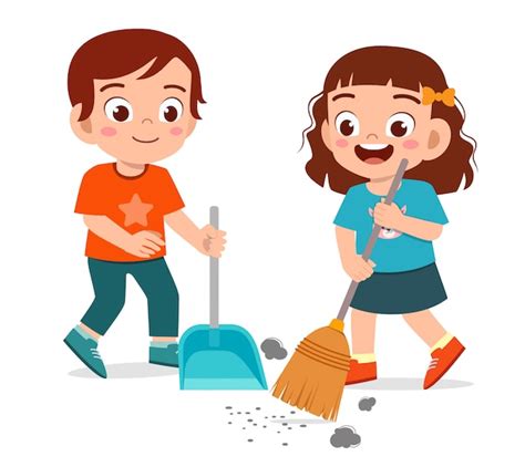 premium vector happy cute  kid boy  girl sweeping floor