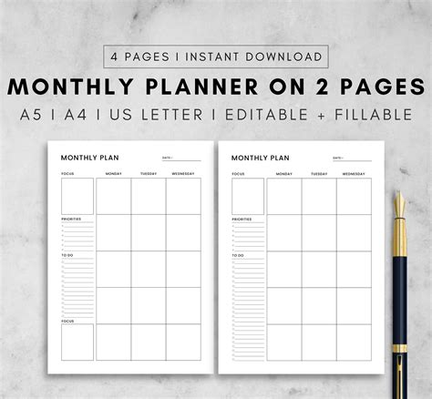 printable monthly planner   pages month   glance monthly