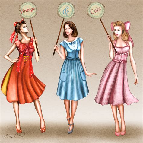 50s Inspired Vintage Dresses Fashion Illustration By