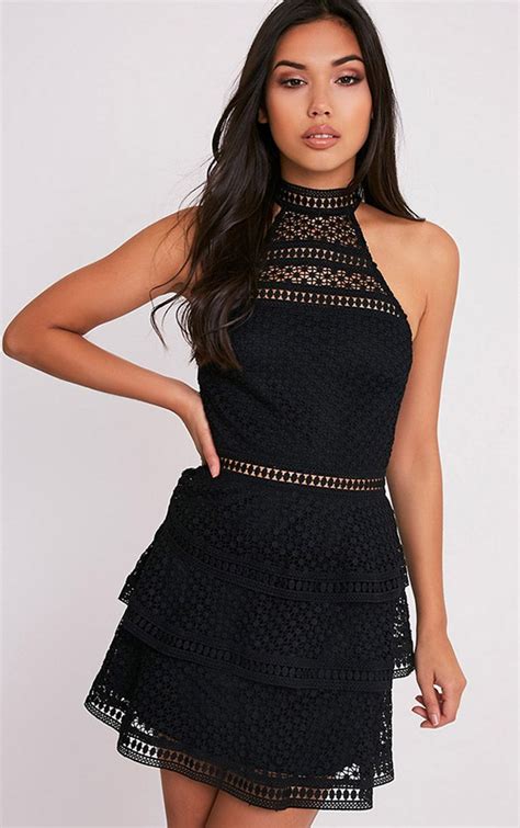black lace panel tiered mini dress dresses