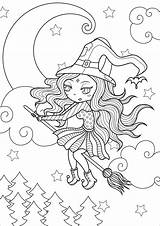 Witch Coloring Halloween Pages Simple Happy Adults Adult Moon Beautiful Starry Flight Sky Background Color Printable Kids Print sketch template